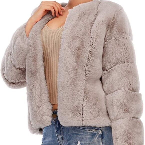 New Women's Long Sleeve Open Front Fuzzy Faux Fur Coat - Picture 1 of 7